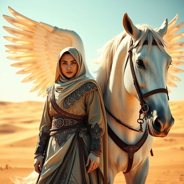 A strong Muslim warrior woman standing proudly beside a majestic white winged horse