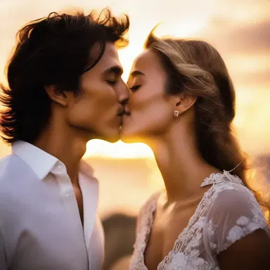As the sun set, the couple gazed into each other's eyes, their lips moving aborad for a passionate kiss.
