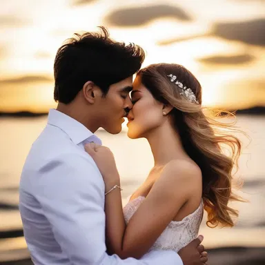 As the sun set, the couple gazed into each other's eyes, their lips moving aborad for a passionate kiss.
