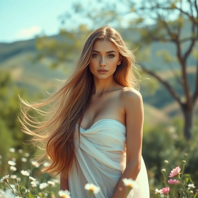 A beautiful young woman with long flowing hair and an ethereal presence, standing confidently in a serene natural setting