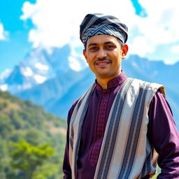 A full-body portrait of a Nepali man wearing traditional national clothing, featuring a Dhaka Topi and Daura Suruwal