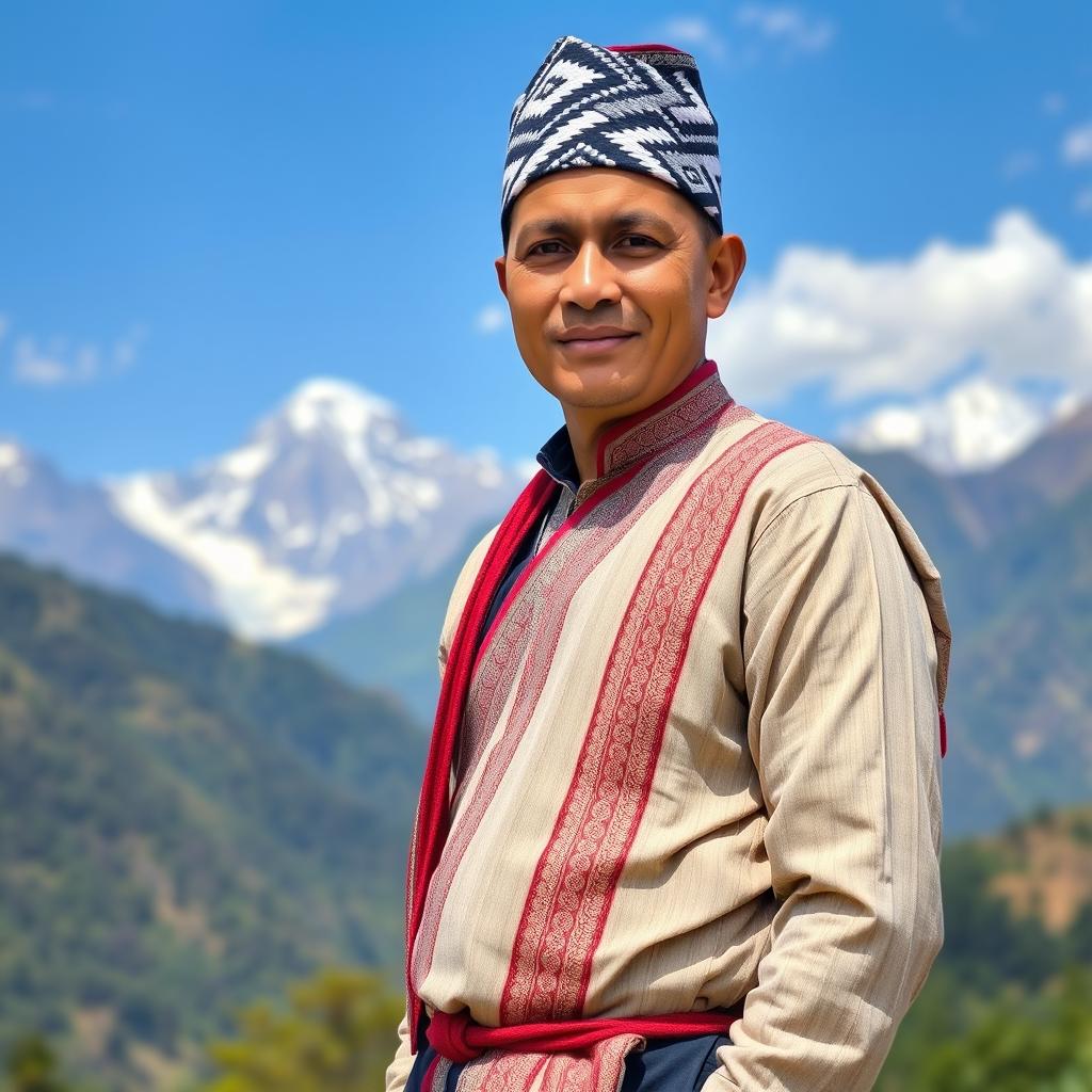 A full-body portrait of a Nepali man wearing traditional national clothing, featuring a Dhaka Topi and Daura Suruwal