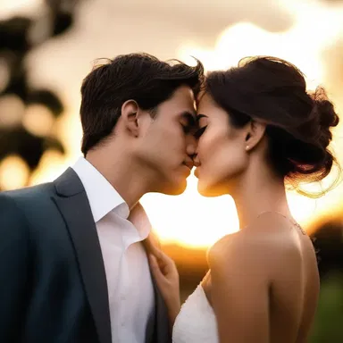 As the sun set, the couple gazed into each other's eyes, their lips moving aborad for a passionate kiss.