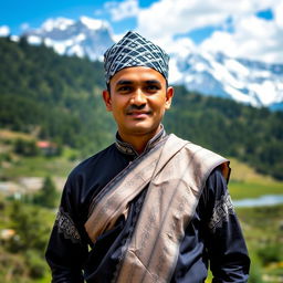A full-body portrait of a Nepali man wearing traditional national clothing, featuring a Dhaka Topi and Daura Suruwal