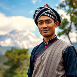 A full-body portrait of a Nepali man wearing traditional national clothing, featuring a Dhaka Topi and Daura Suruwal