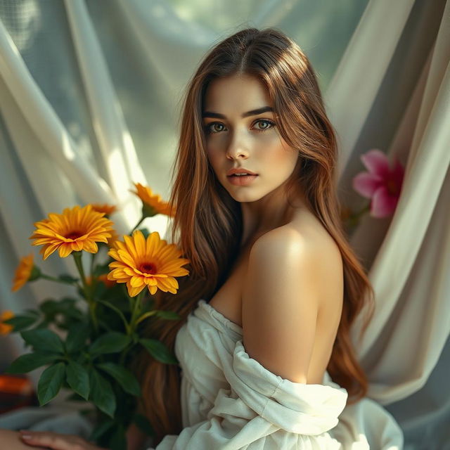 A strikingly beautiful young woman with long hair, posed tastefully in an artistic manner to emphasize natural beauty and elegance