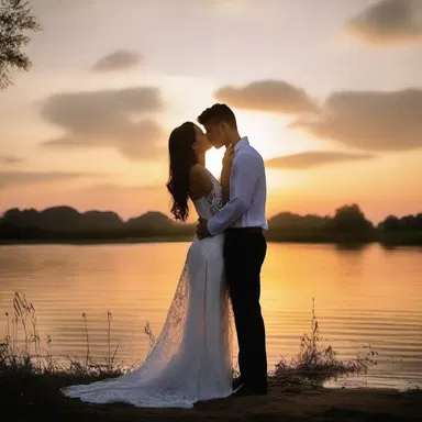 As the sun set, the couple gazed into each other's eyes, their lips moving aborad for a passionate kiss.