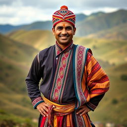A full body portrait of a man dressed in traditional Nepali attire, featuring a 'MAM' dhanka topi on his head and a daura suruwal