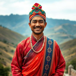 A full body portrait of a man dressed in traditional Nepali attire, featuring a 'MAM' dhanka topi on his head and a daura suruwal