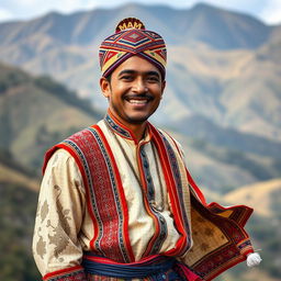 A full body portrait of a man dressed in traditional Nepali attire, featuring a 'MAM' dhanka topi on his head and a daura suruwal