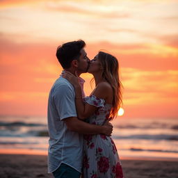 A romantic scene featuring a couple passionately kissing each other in a beautiful sunset setting
