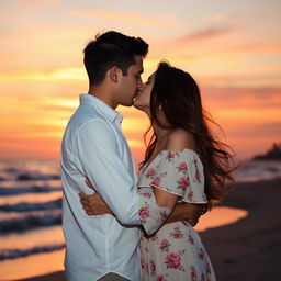 A romantic scene featuring a couple passionately kissing each other in a beautiful sunset setting