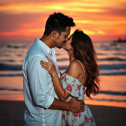A romantic scene featuring a couple passionately kissing each other in a beautiful sunset setting