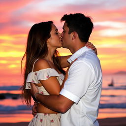A romantic scene featuring a couple passionately kissing each other in a beautiful sunset setting