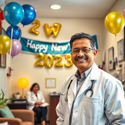 A warm and inviting image of a New Year's celebration in a doctor's office