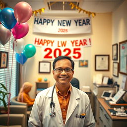 A warm and inviting image of a New Year's celebration in a doctor's office