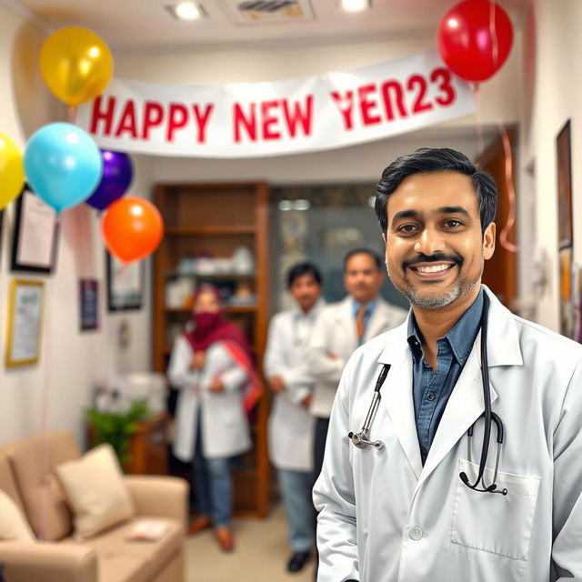 A warm and inviting image of a New Year's celebration in a doctor's office