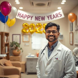 A warm and inviting image of a New Year's celebration in a doctor's office