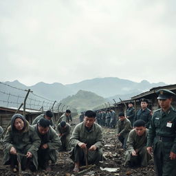 A visual representation of a North Korean labor camp, depicting the harsh conditions and the somber atmosphere