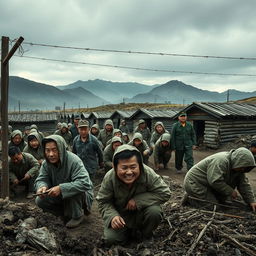 A visual representation of a North Korean labor camp, depicting the harsh conditions and the somber atmosphere