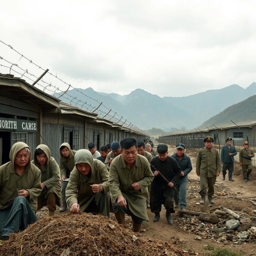 A visual representation of a North Korean labor camp, depicting the harsh conditions and the somber atmosphere