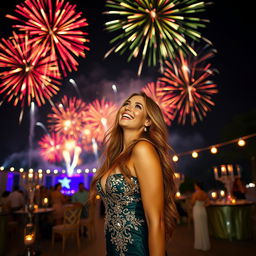 A stunning scene of a beautiful woman in a glamorous evening dress, celebrating at a festive event