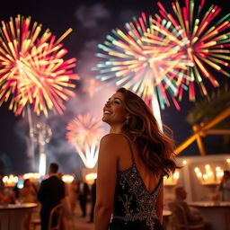 A stunning scene of a beautiful woman in a glamorous evening dress, celebrating at a festive event
