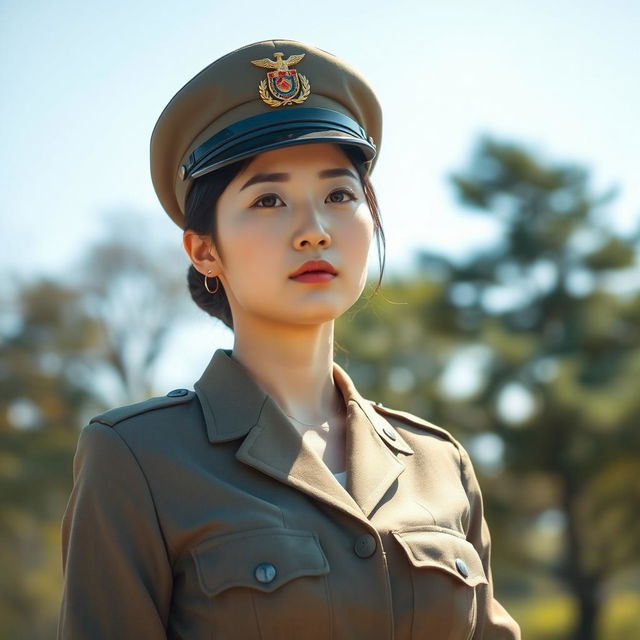 A confident Korean woman in a crisp military uniform, standing tall with a determined expression