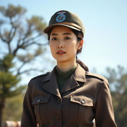 A confident Korean woman in a crisp military uniform, standing tall with a determined expression