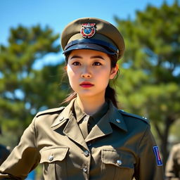 A confident Korean woman in a crisp military uniform, standing tall with a determined expression