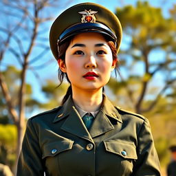 A confident Korean woman in a crisp military uniform, standing tall with a determined expression