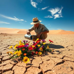 A striking scene depicting a person pouring water on vibrant flowers amidst a stark, arid desert landscape