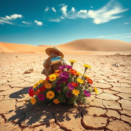 A striking scene depicting a person pouring water on vibrant flowers amidst a stark, arid desert landscape
