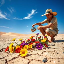 A striking scene depicting a person pouring water on vibrant flowers amidst a stark, arid desert landscape