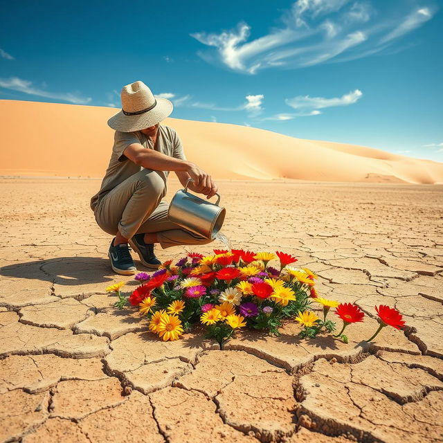 A striking scene depicting a person pouring water on vibrant flowers amidst a stark, arid desert landscape