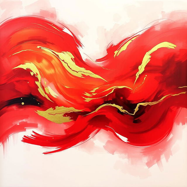 A stunning abstract painting featuring vibrant red and gold colors flowing harmoniously together