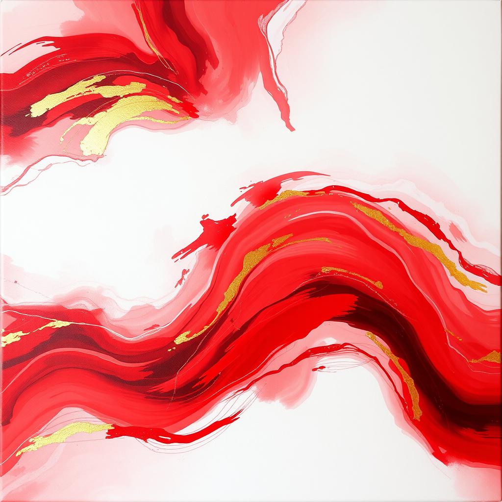 A stunning abstract painting featuring vibrant red and gold colors flowing harmoniously together