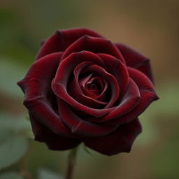 A stunning, intense brown rose with velvety petals and rich, deep color, set against a softly blurred green and brown background