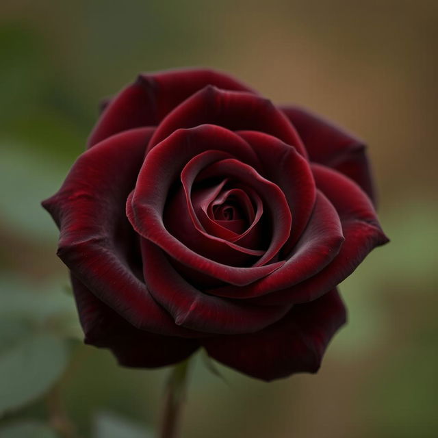 A stunning, intense brown rose with velvety petals and rich, deep color, set against a softly blurred green and brown background