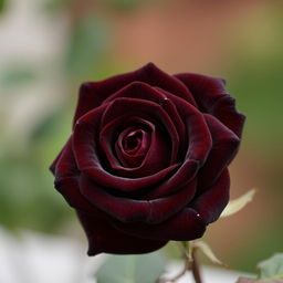 A stunning, intense brown rose with velvety petals and rich, deep color, set against a softly blurred green and brown background