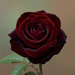 A stunning, intense brown rose with velvety petals and rich, deep color, set against a softly blurred green and brown background