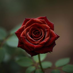 A stunning, intense brown rose with velvety petals and rich, deep color, set against a softly blurred green and brown background