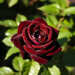 A beautiful, deep brown rose in full bloom, showcasing intricate petal details and lush green leaves surrounding it