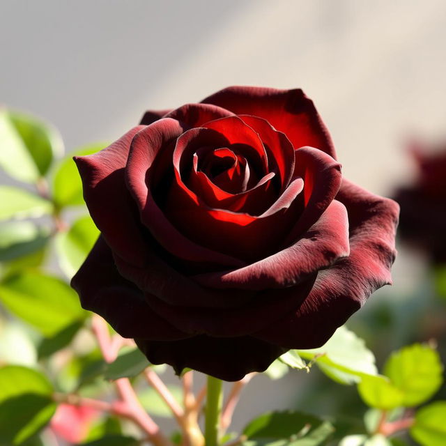 A beautiful, deep brown rose in full bloom, showcasing intricate petal details and lush green leaves surrounding it