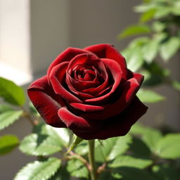 A beautiful, deep brown rose in full bloom, showcasing intricate petal details and lush green leaves surrounding it