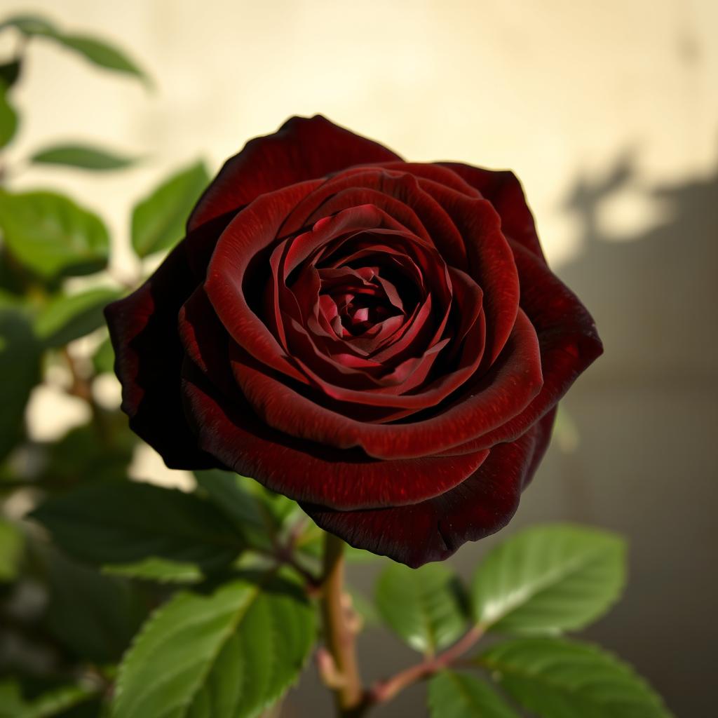 A beautiful, deep brown rose in full bloom, showcasing intricate petal details and lush green leaves surrounding it