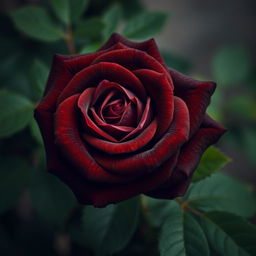 A stunning, deep brown rose with velvety petals and intricate detailing, surrounded by lush green leaves