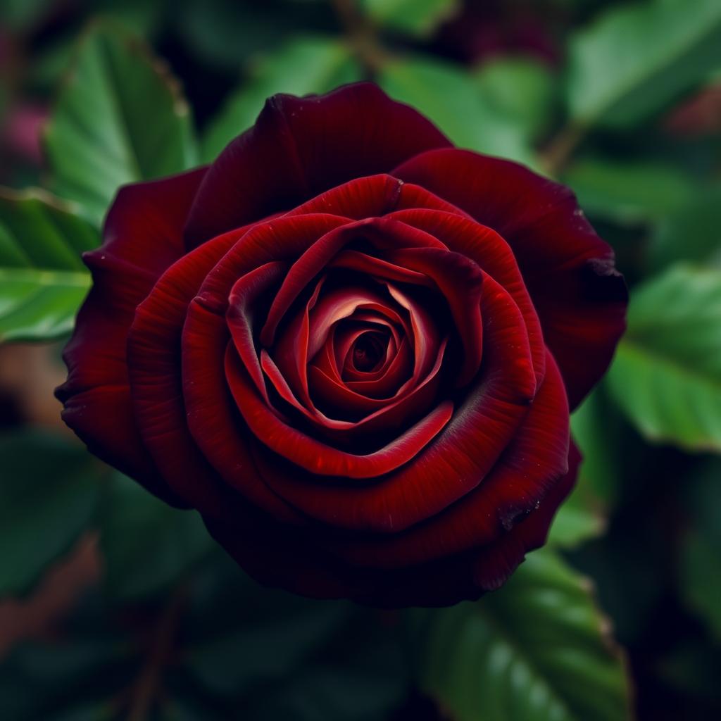 A stunning, deep brown rose with velvety petals and intricate detailing, surrounded by lush green leaves