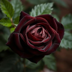 A stunning, deep brown rose with velvety petals and intricate detailing, surrounded by lush green leaves