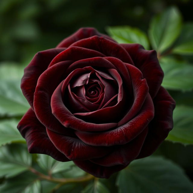 A stunning, deep brown rose with velvety petals and intricate detailing, surrounded by lush green leaves